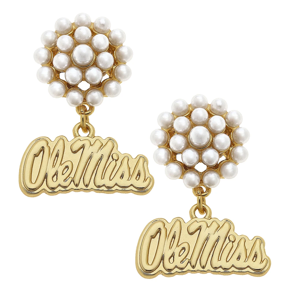 Women' CANVAS Style Ole Miss Rebels Pearl Cluster 24K Gold Drop Earrings