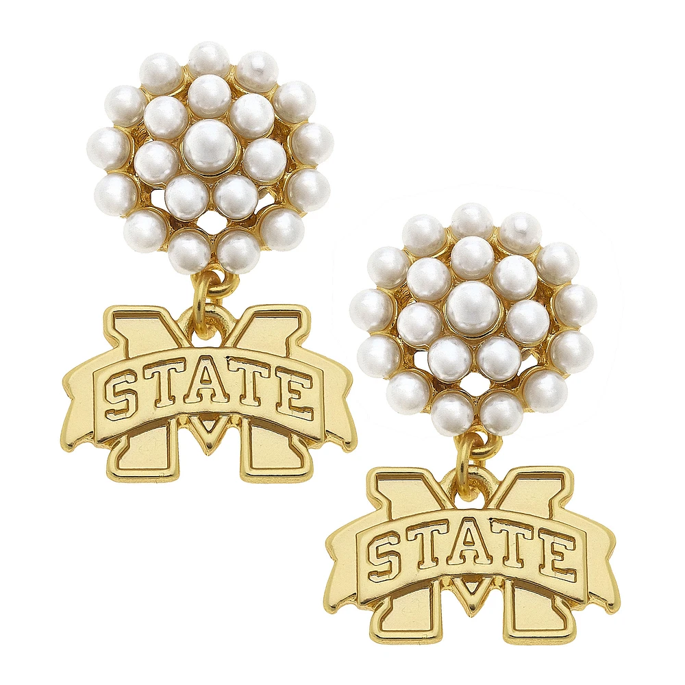 Women' CANVAS Style Mississippi State Bulldogs Pearl Cluster 24K Gold Drop Earrings