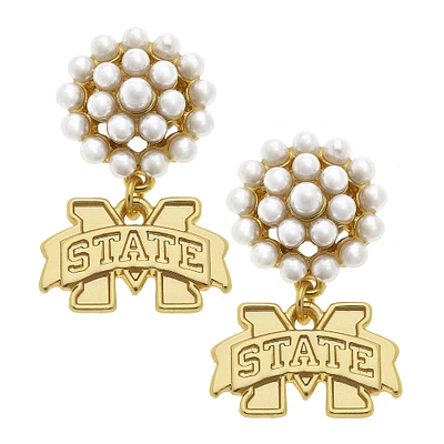 Women' CANVAS Style Mississippi State Bulldogs Pearl Cluster 24K Gold Drop Earrings