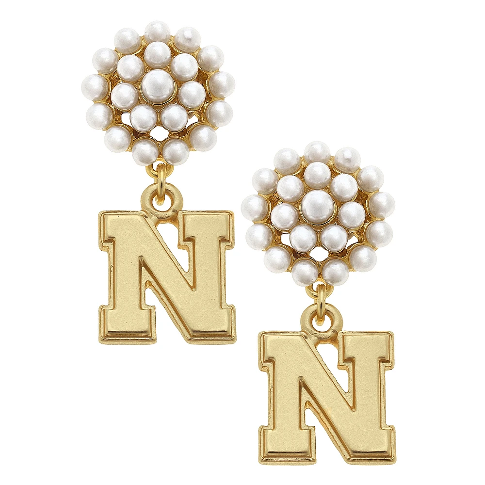 Women' CANVAS Style Nebraska Huskers Pearl Cluster 24K Gold Drop Earrings