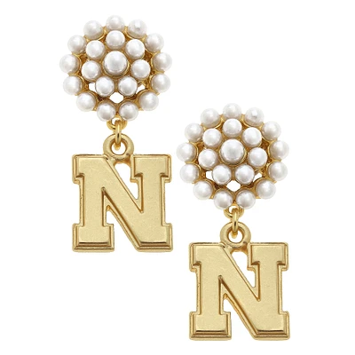 Women' CANVAS Style Nebraska Huskers Pearl Cluster 24K Gold Drop Earrings