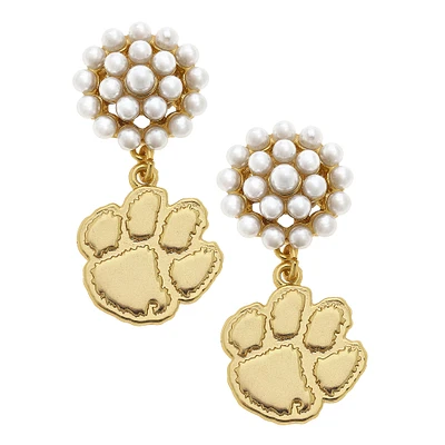 Women' CANVAS Style Clemson Tigers Pearl Cluster 24K Gold Drop Earrings
