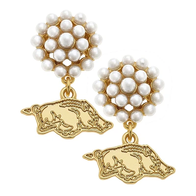 Women' CANVAS Style Arkansas Razorbacks Pearl Cluster 24K Gold Drop Earrings