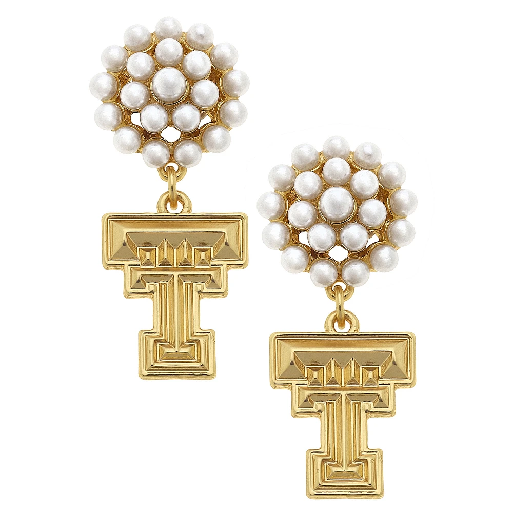 Women' CANVAS Style Texas Tech Red Raiders Pearl Cluster 24K Gold Drop Earrings