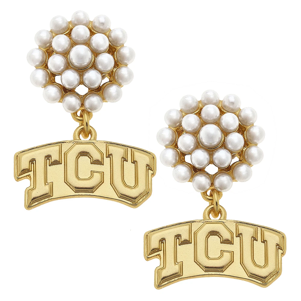 Women' CANVAS Style TCU Horned Frogs Pearl Cluster 24K Gold Drop Earrings