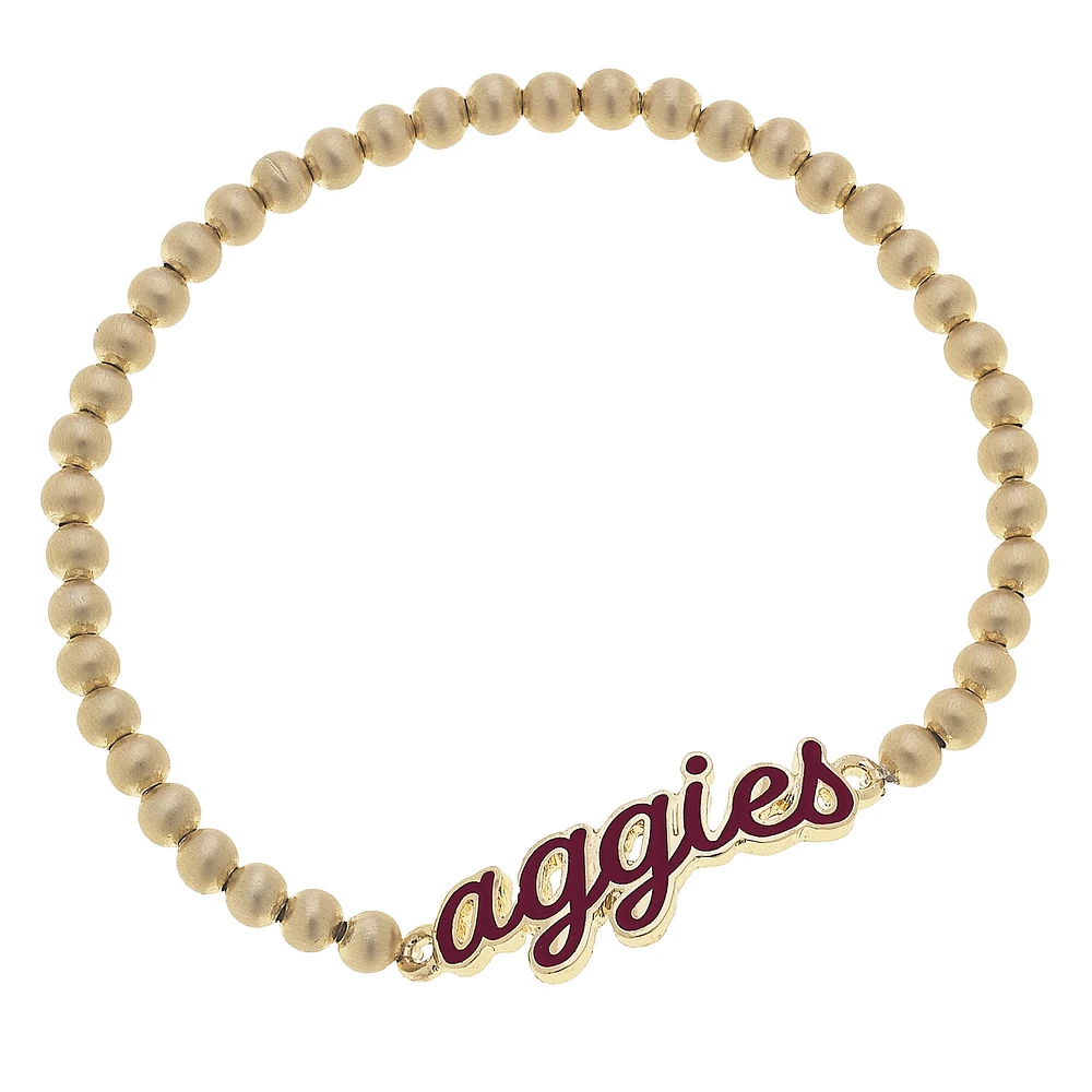 Women' CANVAS Style Texas A&M Aggies Enamel Script Ball Bead Stretch Bracelet
