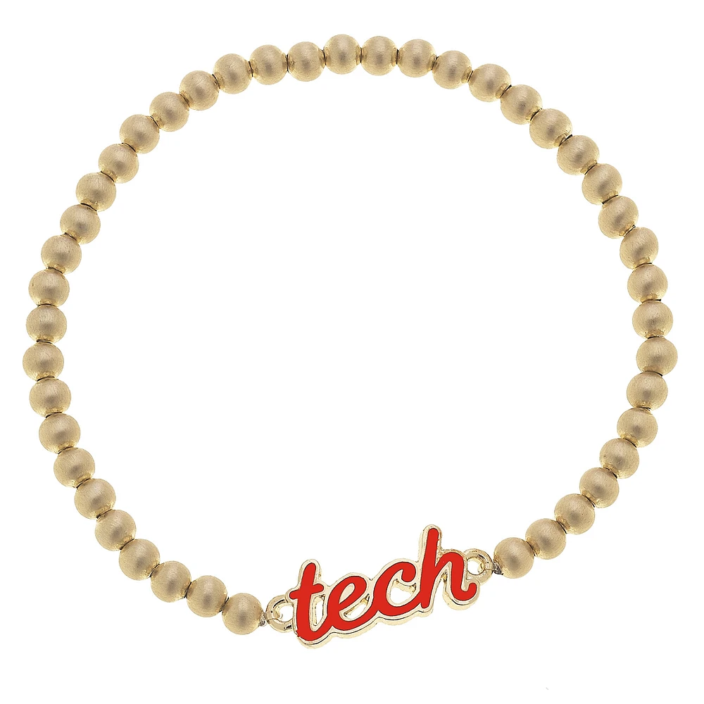 Women' CANVAS Style Texas Tech Red Raiders Enamel Script Ball Bead Stretch Bracelet