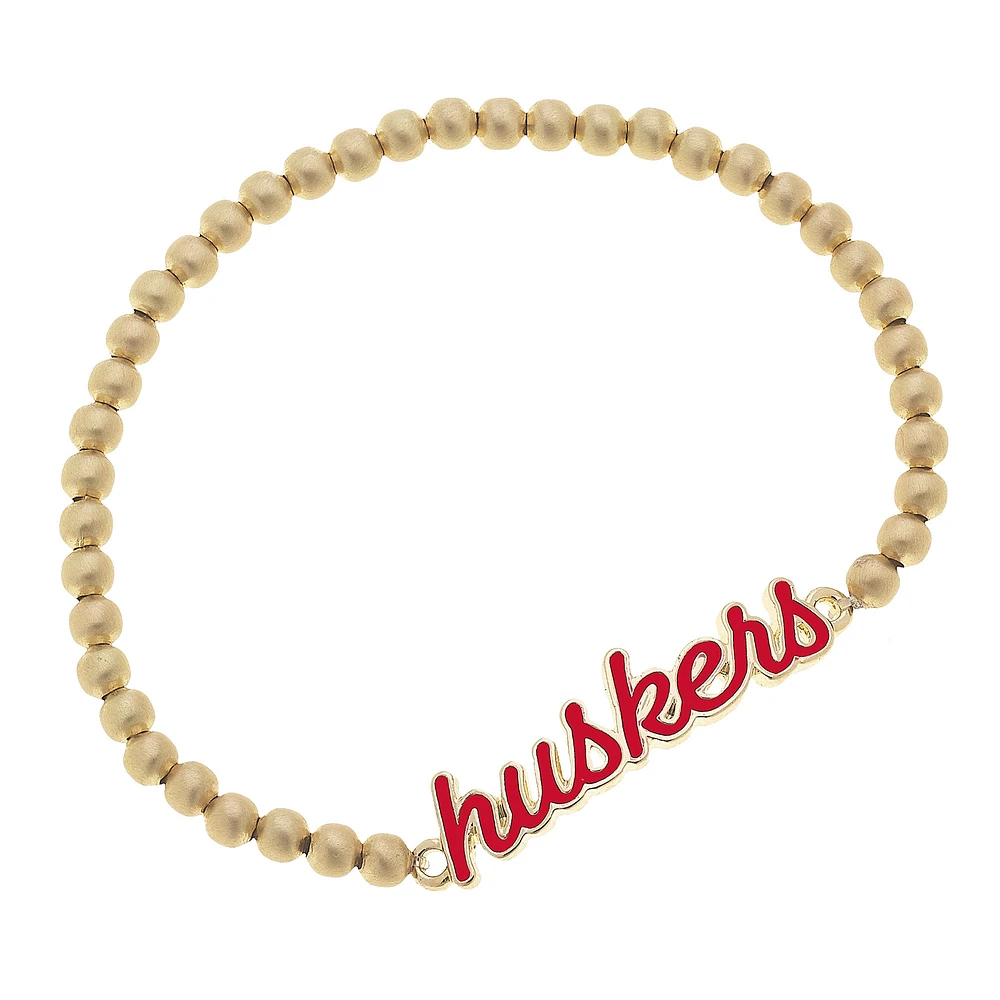 Women' CANVAS Style Nebraska Huskers Enamel Script Ball Bead Stretch Bracelet