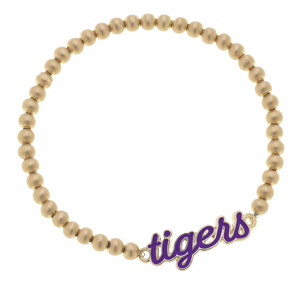 Women' CANVAS Style Clemson Tigers Enamel Script Ball Bead Stretch Bracelet