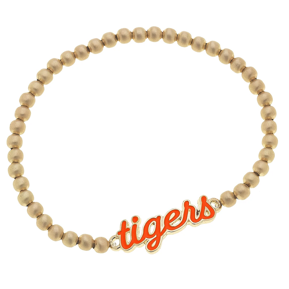 Women' CANVAS Style Auburn Tigers Enamel Script Ball Bead Stretch Bracelet