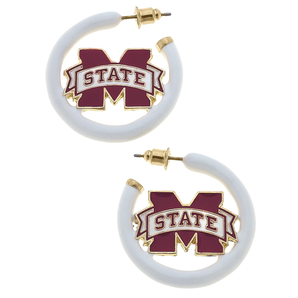 Women' CANVAS Style Mississippi State Bulldogs Enamel Logo Open Hoop Earring