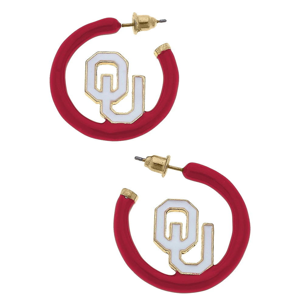 Women' CANVAS Style Oklahoma Sooners Enamel Logo Open Hoop Earring