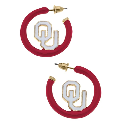 Women' CANVAS Style Oklahoma Sooners Enamel Logo Open Hoop Earring