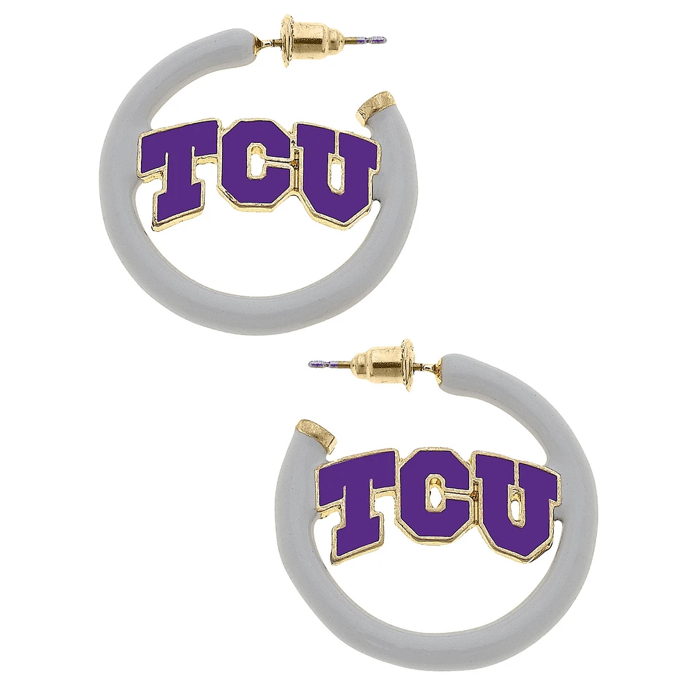 Women' CANVAS Style TCU Horned Frogs Enamel Logo Open Hoop Earring