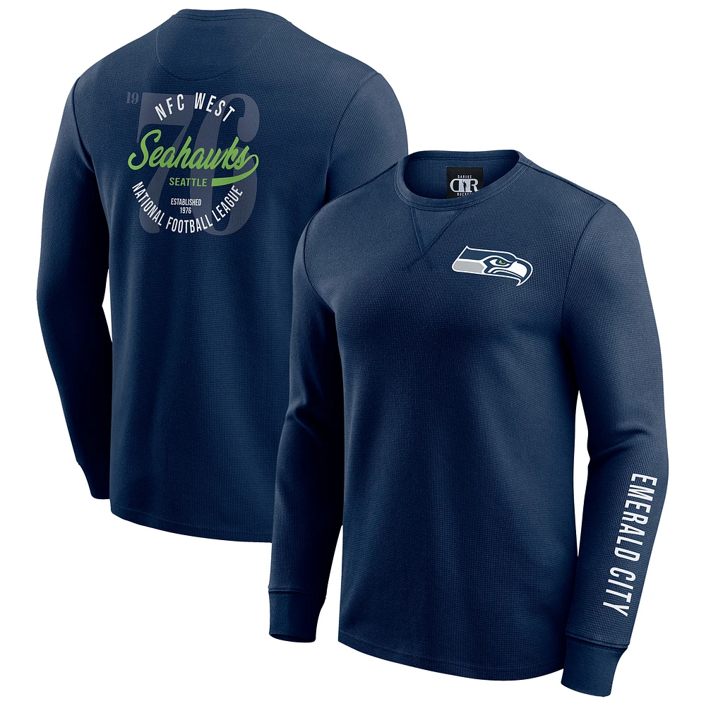 Men's Darius Rucker Collection by Fanatics College Navy Seattle Seahawks Washed Waffle-Knit Long Sleeve T-Shirt