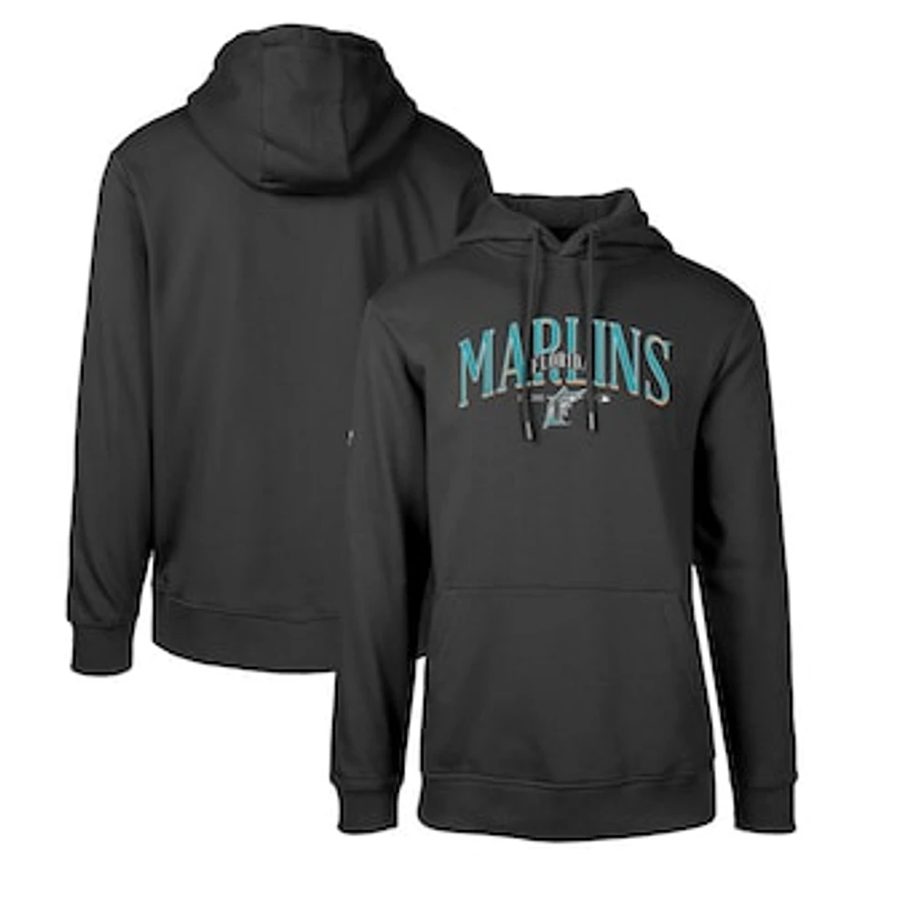 Men's Levelwear Black Florida Marlins Cooperstown Collection Podium Retro Spellout Pullover Hoodie