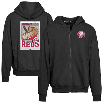 Men's Levelwear Black Cincinnati Reds Uphill Cooperstown Collection Core Logo Full-Zip Hoodie