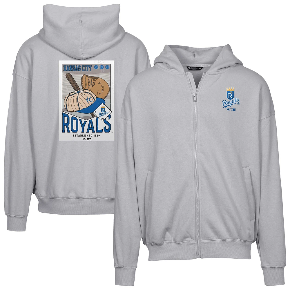 Men's Levelwear Gray Kansas City Royals Uphill Cooperstown Collection Core Logo Full-Zip Hoodie