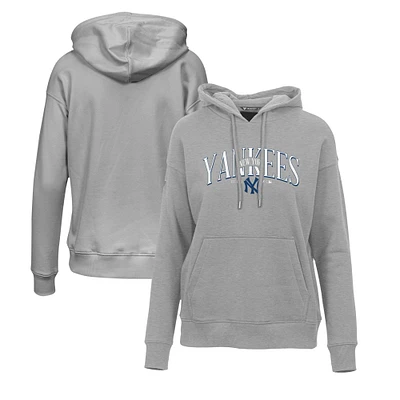 Women's Levelwear Gray New York Yankees Adorn Cooperstown Collection Retro Spellout Pullover Hoodie