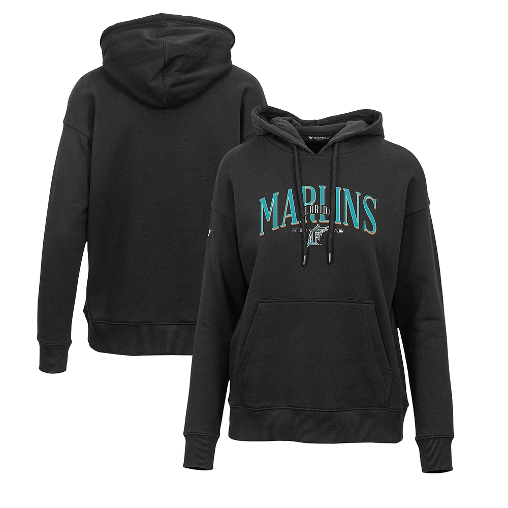 Women's Levelwear Black Florida Marlins Adorn Cooperstown Collection Retro Spellout Pullover Hoodie