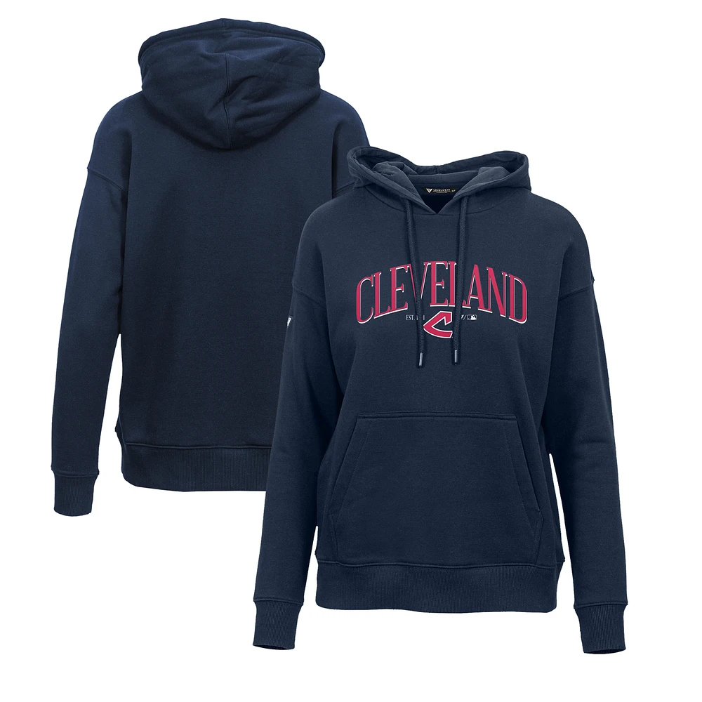 Women's Levelwear Navy Cleveland Indians Adorn Cooperstown Collection Retro Spellout Pullover Hoodie