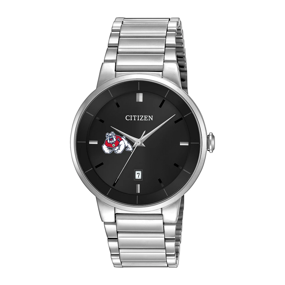 Men's Citizen Watch Silver Fresno State Bulldogs Black Dial Stainless Steel Watch