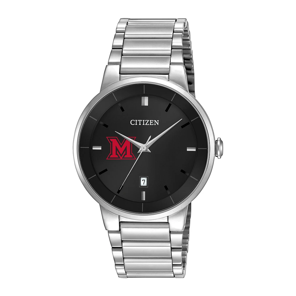 Men's Citizen Watch Silver Miami University RedHawks Black Dial Stainless Steel Watch