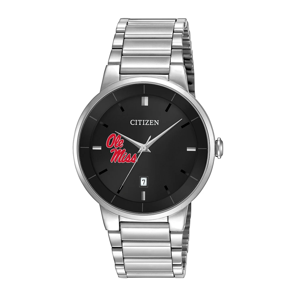 Men's Citizen Watch Silver Ole Miss Rebels Black Dial Stainless Steel Watch