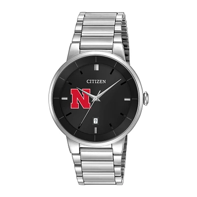 Men's Citizen Watch Silver Nebraska Huskers Black Dial Stainless Steel Watch