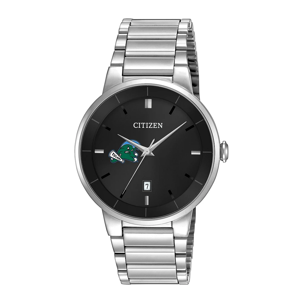 Men's Citizen Watch Silver Tulane Green Wave Black Dial Stainless Steel Watch