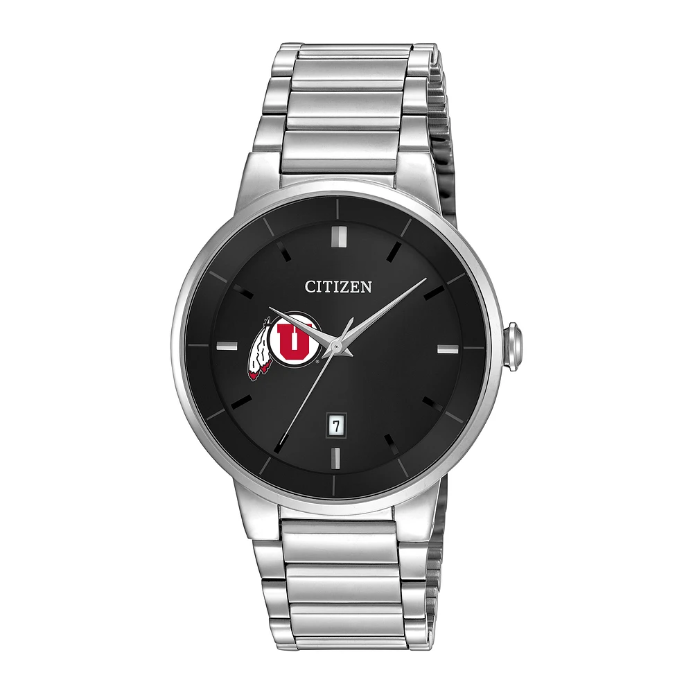 Men's Citizen Watch Silver Utah Utes Black Dial Stainless Steel Watch