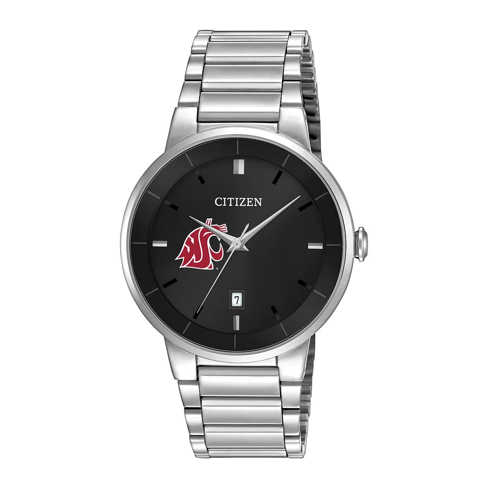 Men's Citizen Watch Silver Washington State Cougars Black Dial Stainless Steel Watch