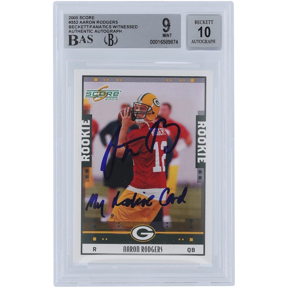 Aaron Rodgers Green Bay Packers Autographed 2005 Score #352 Beckett Fanatics Witnessed Authenticated 9/10 Rookie Card with "My Rookie Card" Inscription