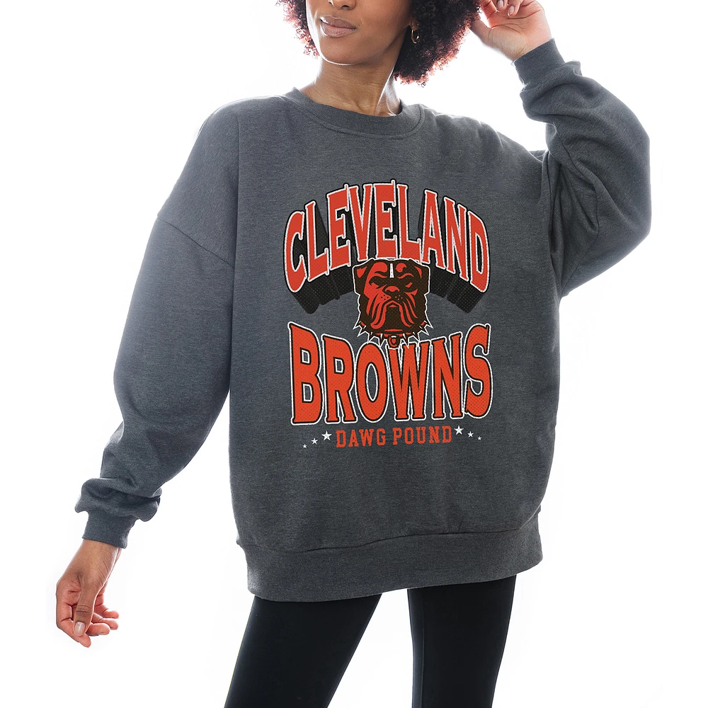 Women's Gameday Couture Charcoal Cleveland Browns Oversized Long Weekend Premium Fleece Drop Shoulder Pullover Sweatshirt