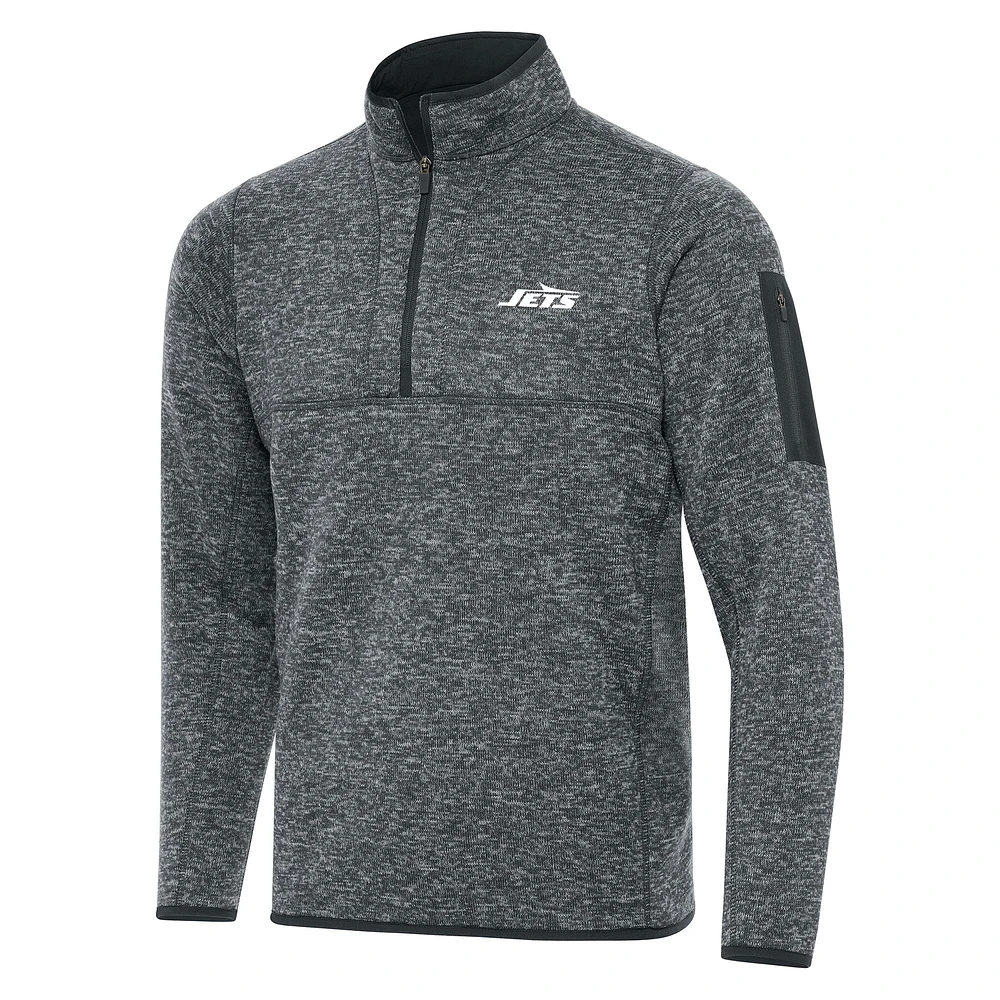 Men's Antigua Heather Gray New York Jets Fortune Quarter-Zip Pullover Jacket