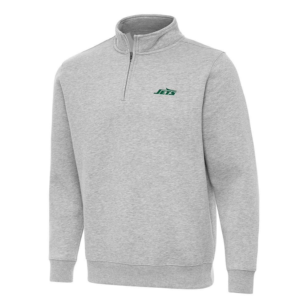 Men's Antigua Heather Gray New York Jets Victory Quarter-Zip Pullover Top