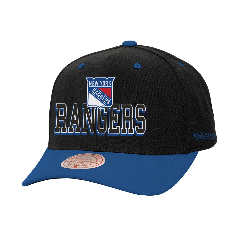 Men's Mitchell & Ness Black/Blue New York Rangers Backside Script 2-Tone Pro Crown Adjustable Hat
