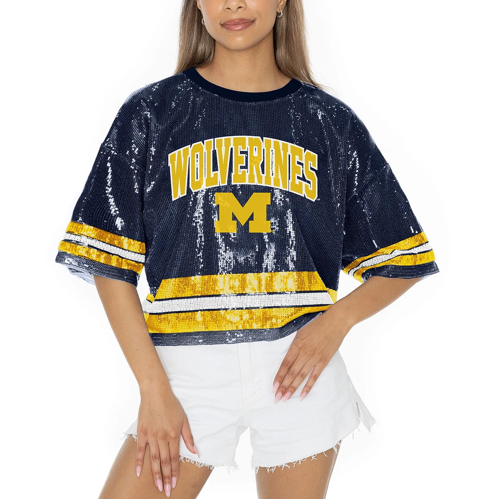 Women's Gameday Couture Navy Michigan Wolverines Sequin Striped Cropped Fashion Jersey T-Shirt
