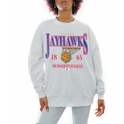 Women's Gameday Couture Gray Kansas Jayhawks Basketball Premium Fleece Drop Pullover Sweatshirt