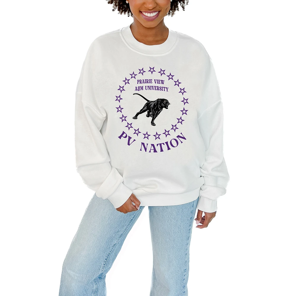 Women's Gameday Couture White Prairie View A&M Panthers Stars Premium Fleece Drop Pullover Sweatshirt