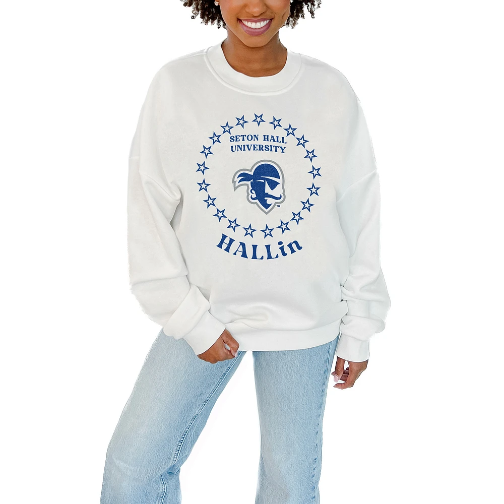 Women's Gameday Couture White Seton Hall Pirates Stars Premium Fleece Drop Pullover Sweatshirt