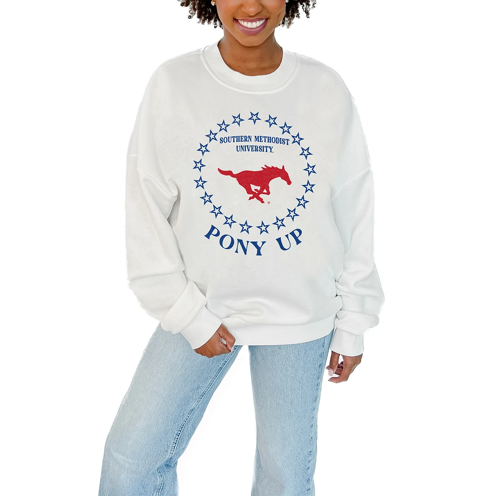Women's Gameday Couture White SMU Mustangs Stars Premium Fleece Drop Pullover Sweatshirt