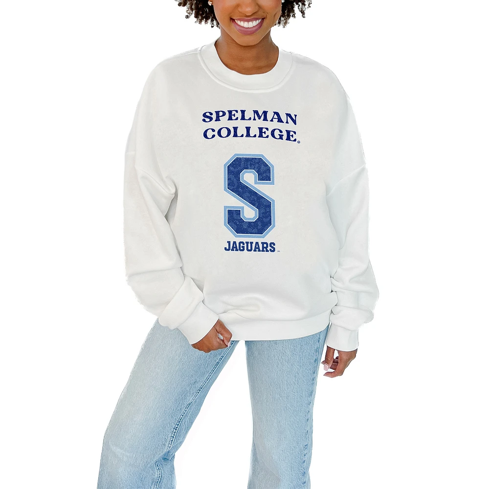 Women's Gameday Couture White Spelman College Jaguars Stars Premium Fleece Drop Pullover Sweatshirt