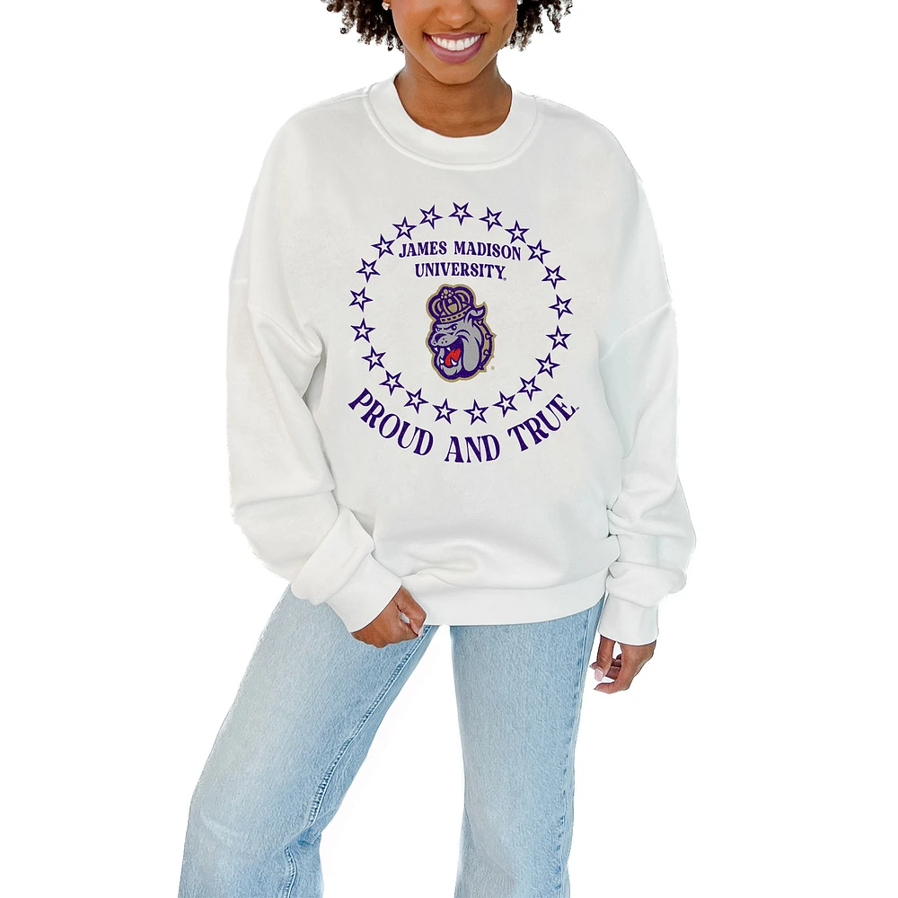 Women's Gameday Couture White James Madison Dukes Stars Premium Fleece Drop Pullover Sweatshirt