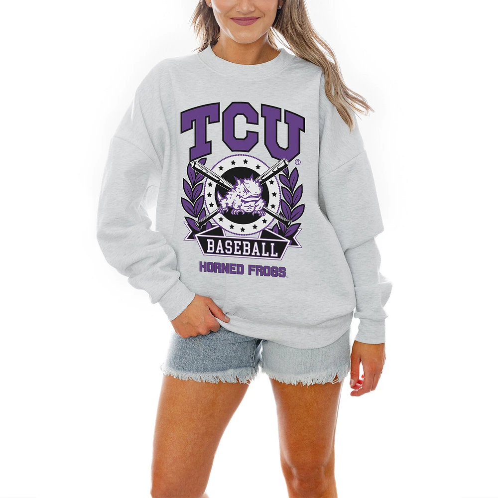 Women's Gameday Couture Gray TCU Horned Frogs Baseball Premium Fleece Drop Pullover Sweatshirt