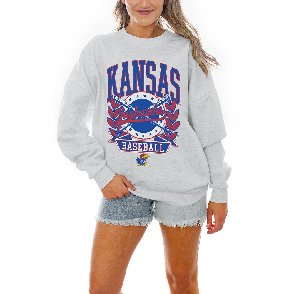 Women's Gameday Couture Gray Kansas Jayhawks Baseball Premium Fleece Drop Pullover Sweatshirt