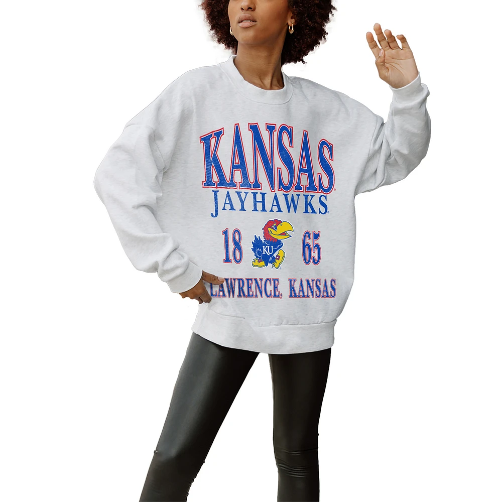 Women's Gameday Couture Gray Kansas Jayhawks Established Premium Fleece Drop Pullover Sweatshirt