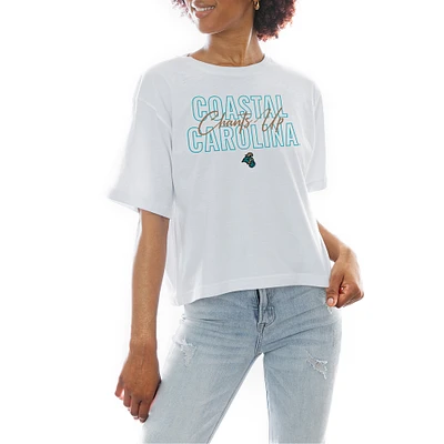 Women's Gameday Couture White Coastal Carolina Chanticleers Slogan Boxy Fit Cropped T-Shirt