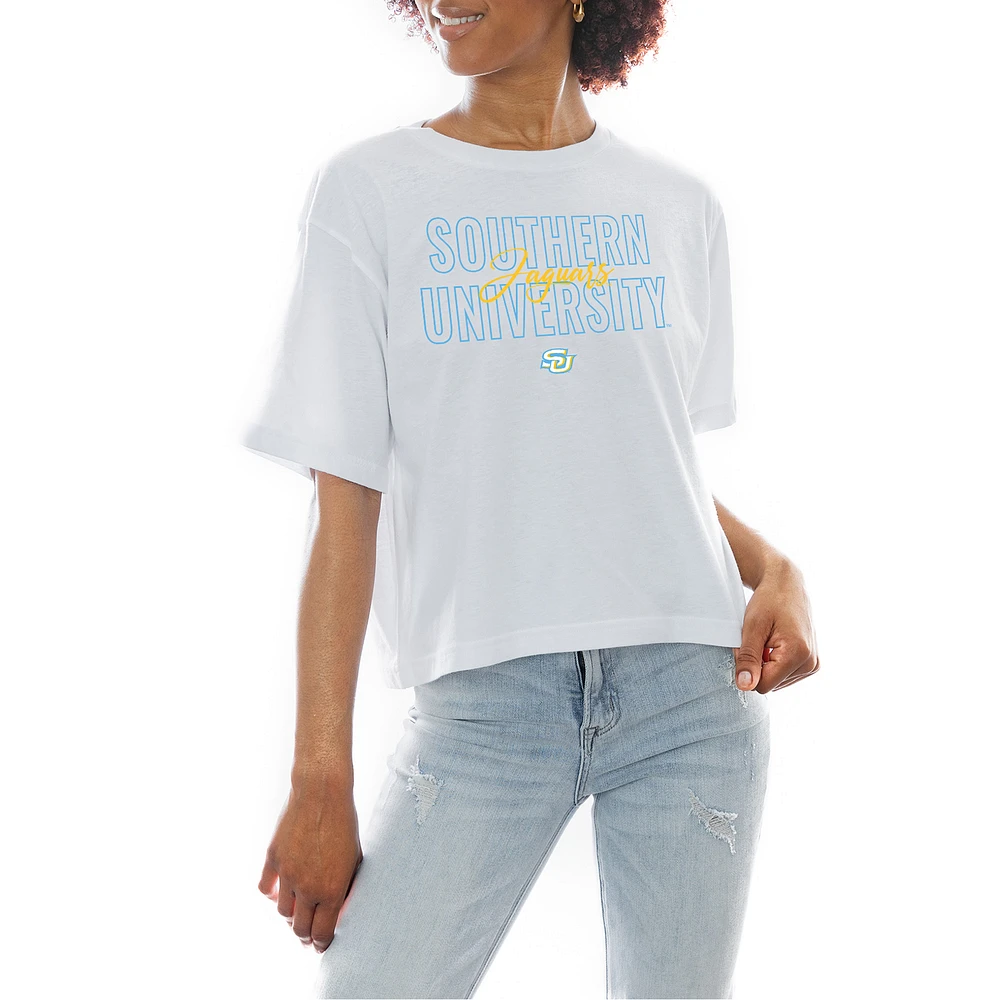 Women's Gameday Couture White Southern University Jaguars Slogan Boxy Fit Cropped T-Shirt