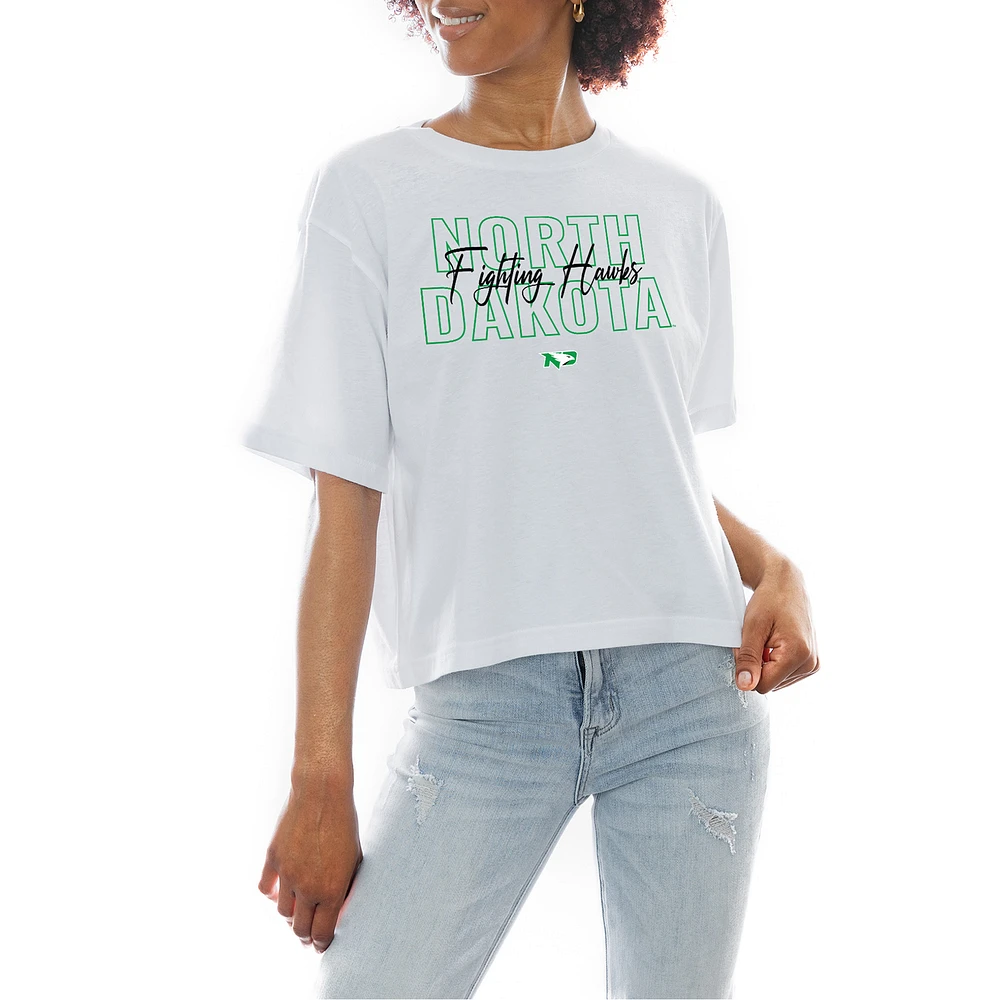 Women's Gameday Couture White North Dakota Slogan Boxy Fit Cropped T-Shirt